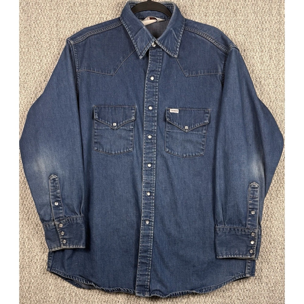 Vintage 1970s - 80's Carhartt Denim Western Pearl Snap Shirt Mens 16 33 Lg USA